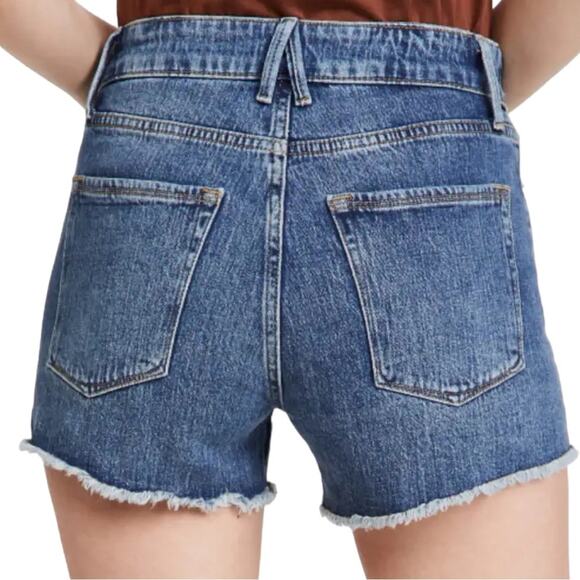 Good American Foldover Frayed Denim Cutoff Jeans Short In Blue Size 16 - Picture 2 of 15